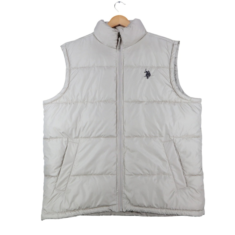 U.S. Polo Assn Puffer Vest Mens Medium Beige Quilted Full Zip Logo 10-5685-Q8